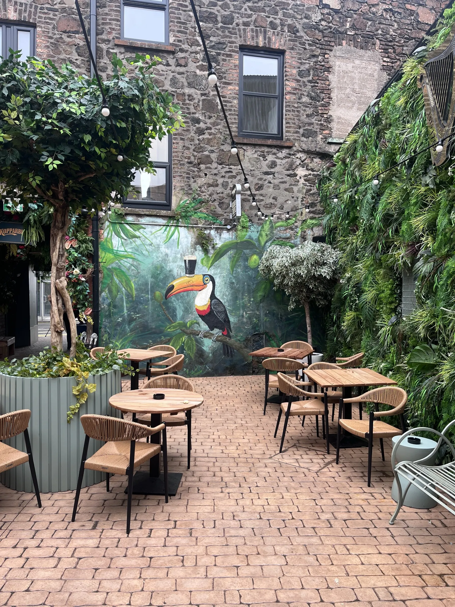 The courtyard at Eden Rooftop Bar, its rear wall painted with a toucan in a rainforest scene, surrounded by planting, festoon lights and wooden tables.