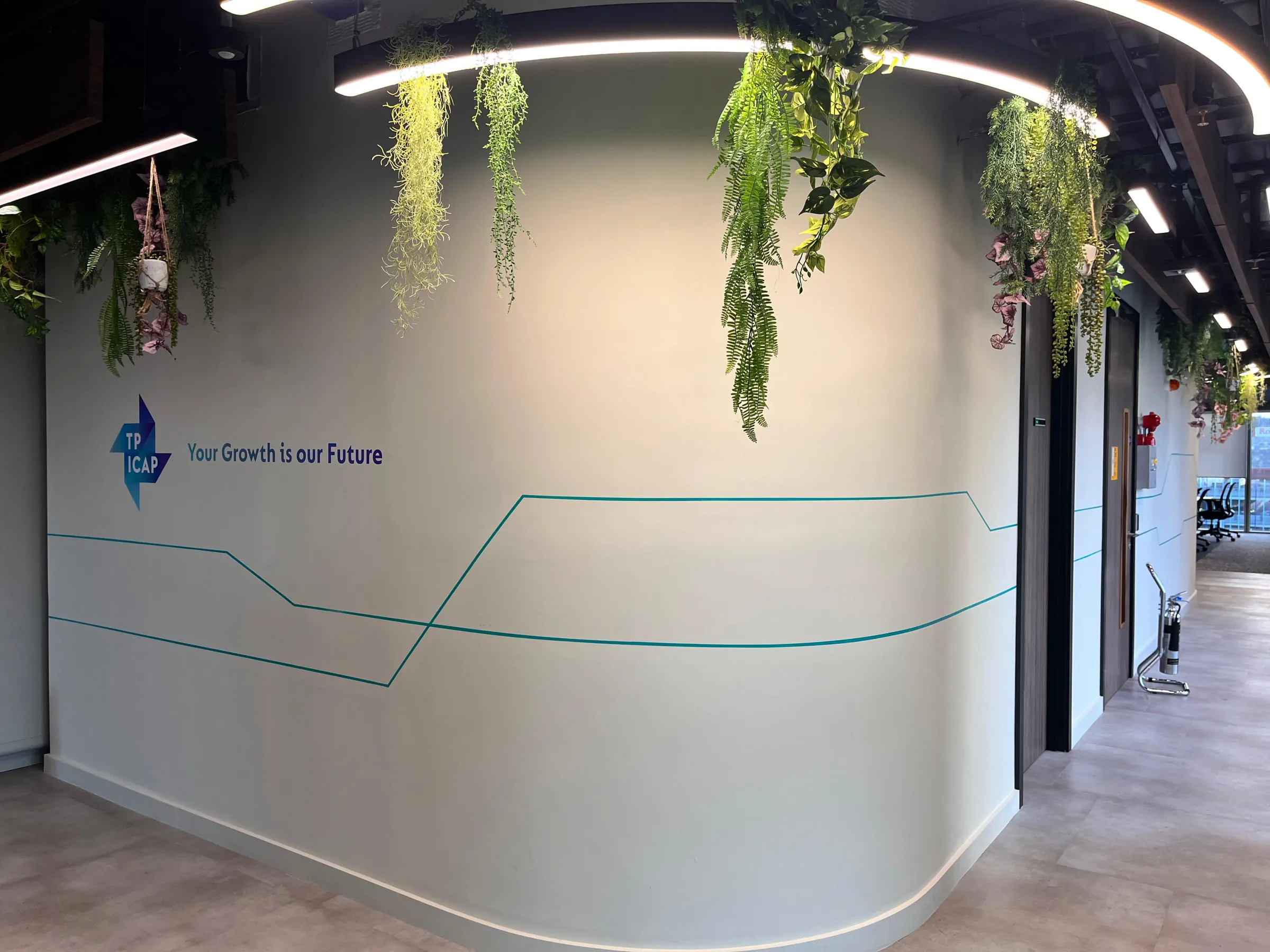 A curved office wall painted with a teal line and “Your growth is our future” beside the TP ICAP logo, beneath hanging plants.